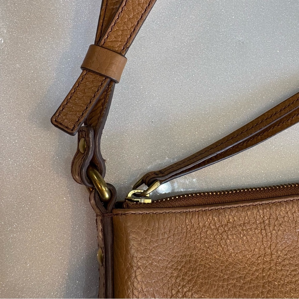 Fossil Tan Pebbled Leather Crossbody Bag  Minimalist Buckle Adjustable Strap - Picture 4 of 12